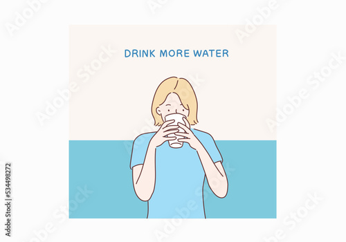 Woman drinking water. Hand drawn style vector design illustrations.