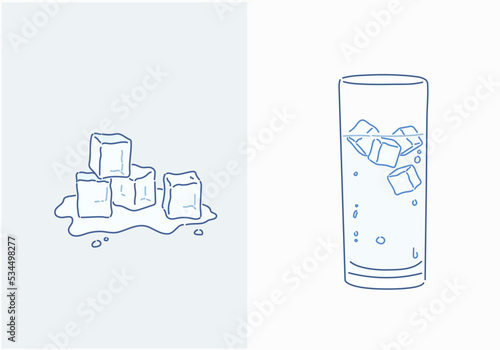 Glass of mineral carbonated water with ice. Hand drawn style vector design illustrations.
