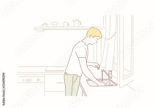 Man washing dishes cleaning kitchen at home. Hand drawn style vector design illustrations.