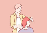 Professional barber working with client in hairdressing salon. Hand drawn style vector design illustrations.