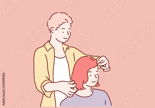 Professional barber working with client in hairdressing salon. Hand drawn style vector design illustrations.