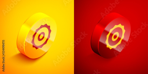 Isometric Circular saw blade icon isolated on orange and red background. Saw wheel. Circle button. Vector
