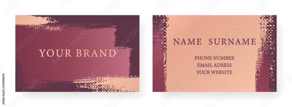 Business card with luxury. Creative art pattern with gold brush stroke, paint drop (spot) on purple background. Formal premium template for invitation design, Gift card, voucher or luxe name 