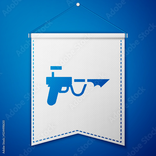 Blue Fishing harpoon icon isolated on blue background. Fishery manufacturers for catching fish under water. Diving underwater equipment. White pennant template. Vector