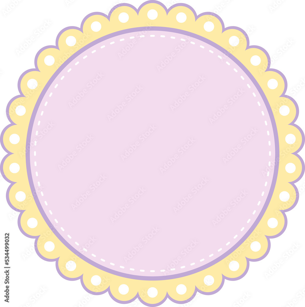 cute yellow scallop round frame with blank purple template on transparent background illustration, circle border, banner, blank sticker png, clip art