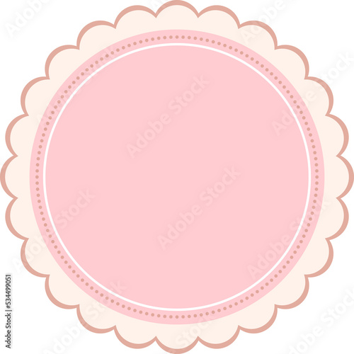 cream ,beige scallop round frame with blank pink template on transparent background illustration, circle border, blank sticker png, clip art for food product