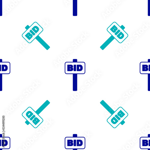 Blue Hand holding auction paddle icon isolated seamless pattern on white background. Bidding concept. Auction competition. Hands rising signs with BID inscriptions. Vector