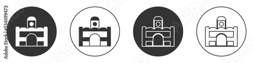 Black Egyptian house icon isolated on white background. Circle button. Vector