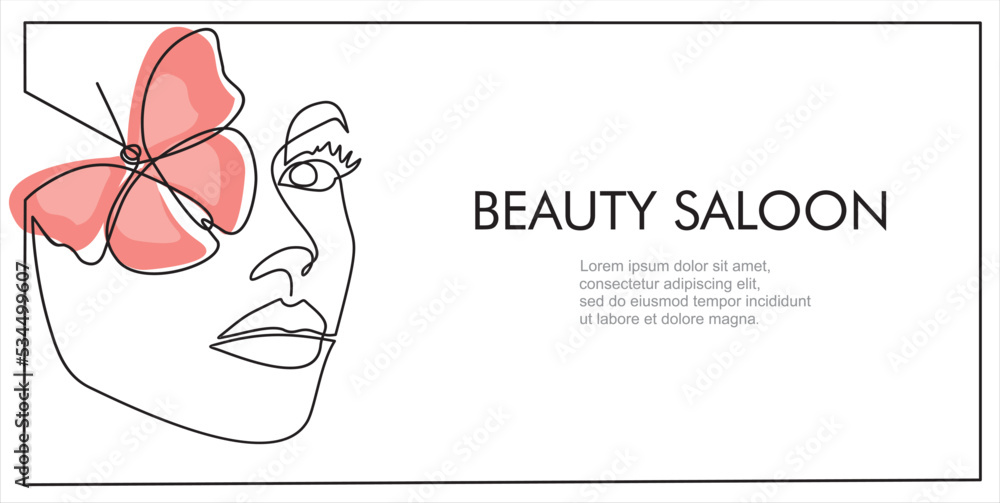 Fototapeta premium Woman face continuous one line vector drawing. Style templates with abstract female face and butterfly. Beauty saloon.Can used for logo, emblem, slide show and banner. Illustration with quote template