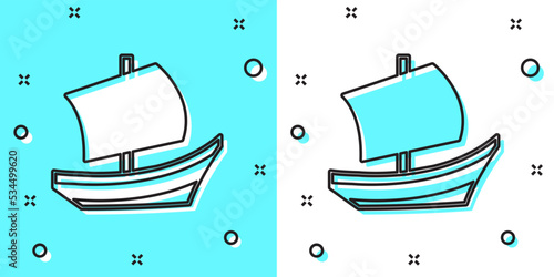 Black line Egyptian ship icon isolated on green and white background. Egyptian papyrus boat. Random dynamic shapes. Vector