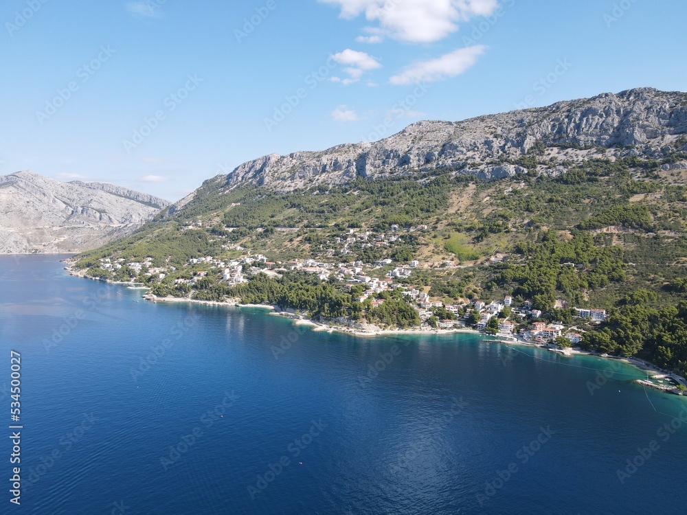 Landscape of coastline with Brela town and Adriatic sea in Makarska riviera