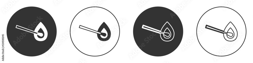 Black Burning match with fire icon isolated on white background. Match with fire. Matches sign. Circle button. Vector Black Burning match with fire icon isolated on white background. Match with fire. Matches sign. Circle button. Vector