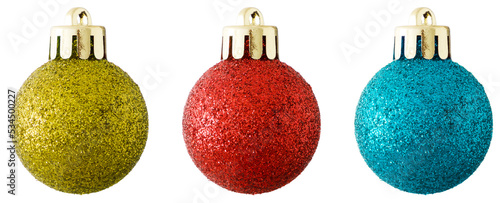 three isolated rough baubles yellow red blue christmas decorations
