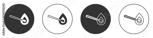 Black Burning match with fire icon isolated on white background. Match with fire. Matches sign. Circle button. Vector