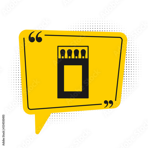 Black Open matchbox and matches icon isolated on white background. Yellow speech bubble symbol. Vector