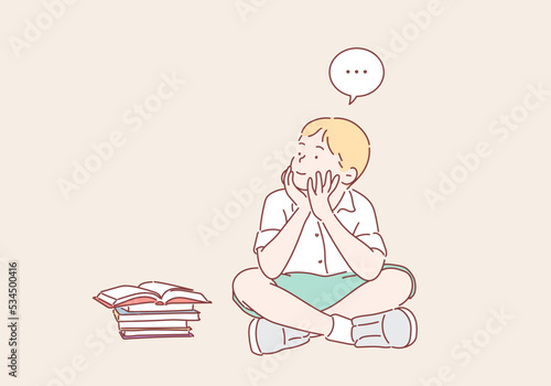 Cute schoolboy with book  on floor. Hand drawn style vector design illustrations.