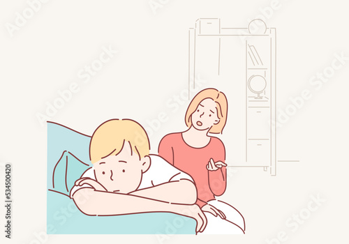 Angry mother is scolding at her son. Family conflict. Hand drawn style vector design illustrations.