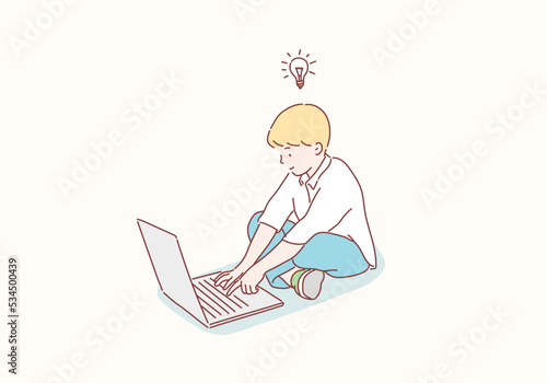 Boy sitting with laptop. Hand drawn style vector design illustrations.