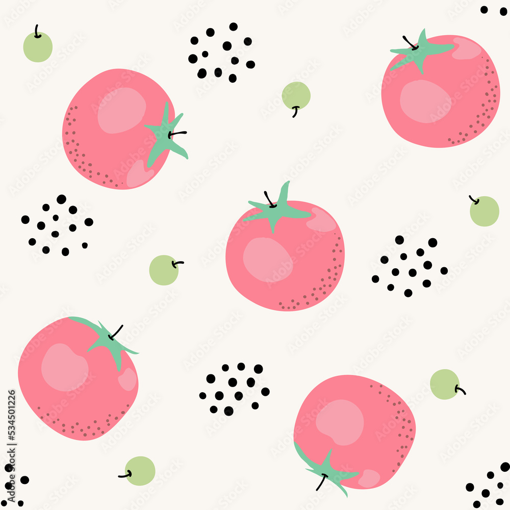 pink tomato on light yellow background  seamless pattern kiddy cartoon style for wallpaper, banner, label, cover, card, texture etc. vector design.