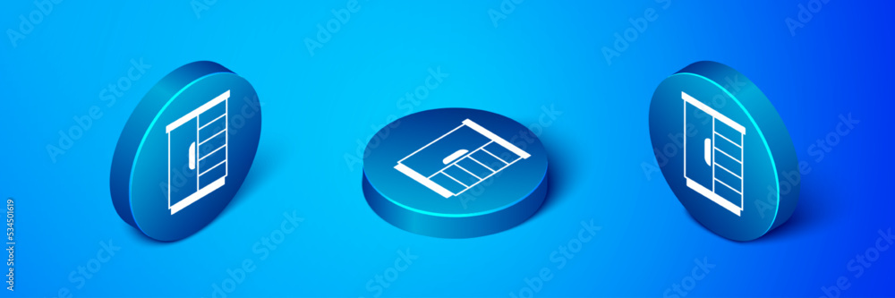 Isometric Wardrobe icon isolated on blue background. Cupboard sign. Blue circle button. Vector Isometric Wardrobe icon isolated on blue background. Cupboard sign. Blue circle button. Vector
