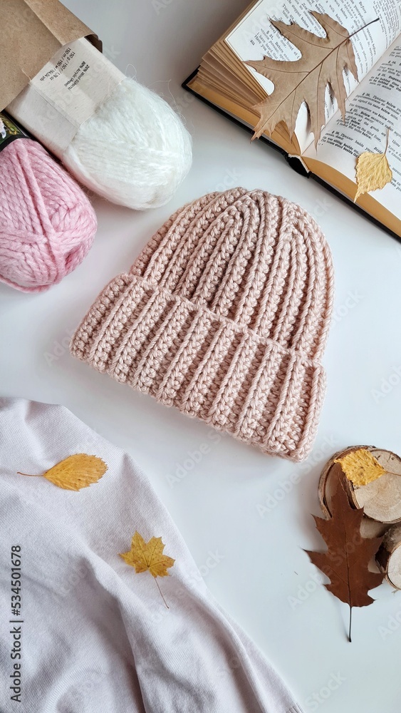 Fashionable knitted hats autumn-winter. The hat lies on a white background. Product layout. Buy a hat. Knitting. Hobby.