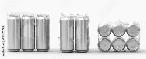 3D Tin cans soda or beer in shrink wrap, mockup front, side and top view. Realistic set of metal jars in transparent plastic packing, silver drink bottles isolated on white background photo