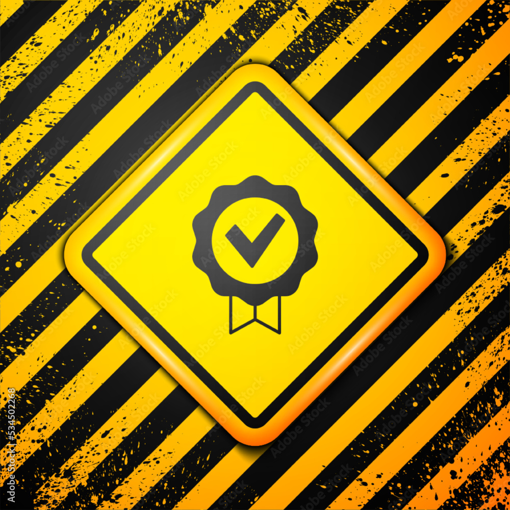 Black Approved or certified medal and check mark icon isolated on yellow background. Warning sign. Vector Black Approved or certified medal and check mark icon isolated on yellow background. Warning sign. Vector