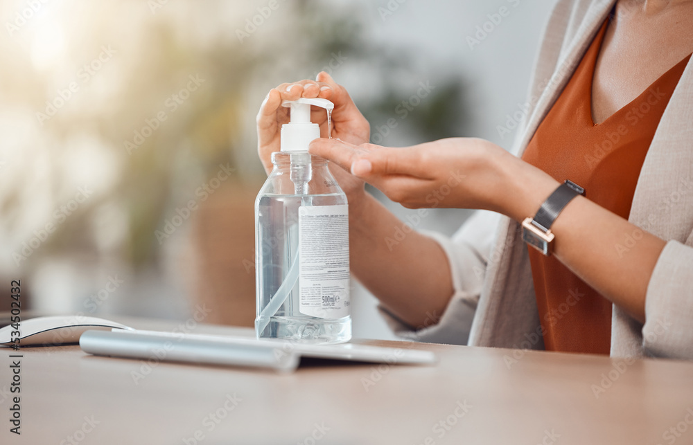 Business woman hands sanitizer, covid hygiene and office protocol for healthcare safety, corona virus protection and cleaning compliance. Responsible work disinfection of germs, bacteria or flu risk - obrazy, fototapety, plakaty 