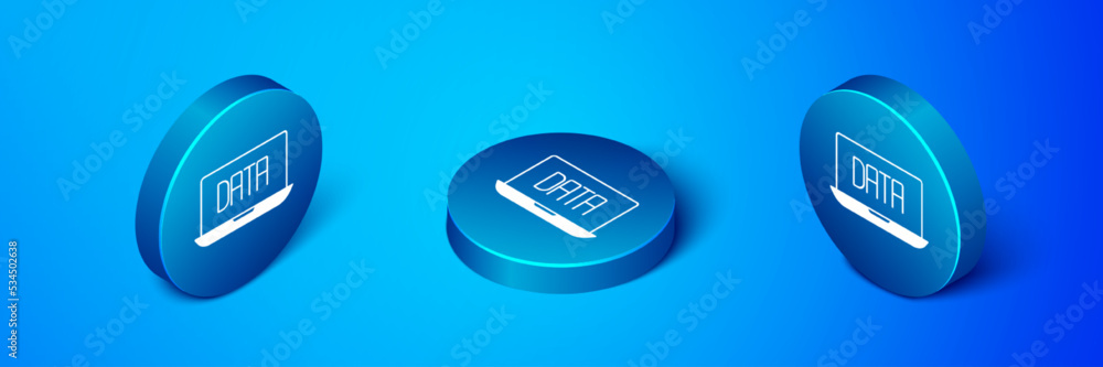 Isometric Data analysis icon isolated on blue background. Business data analysis process, statistics. Charts and diagrams. Blue circle button. Vector Isometric Data analysis icon isolated on blue background. Business data analysis process, statistics. Charts and diagrams. Blue circle button. Vector