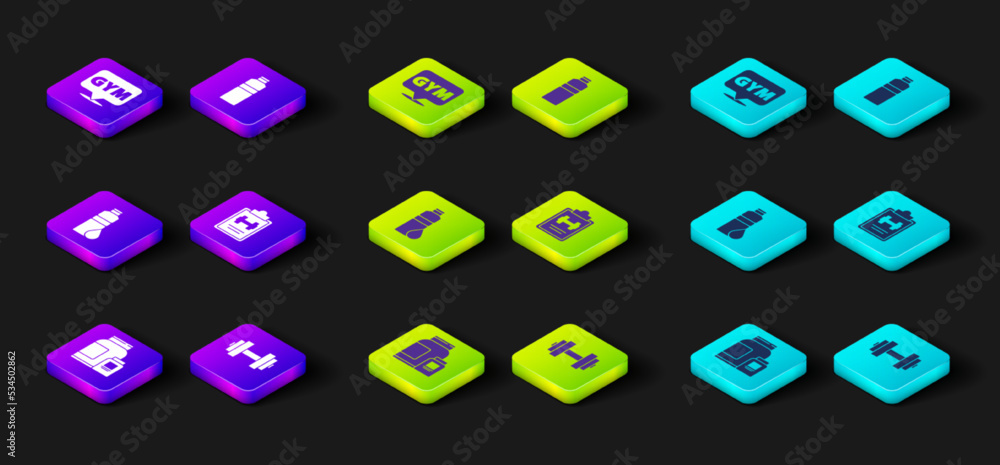 Set Sports nutrition, Dumbbell, Fitness shaker, training program, and Location gym icon. Vector Set Sports nutrition, Dumbbell, Fitness shaker, training program, and Location gym icon. Vector