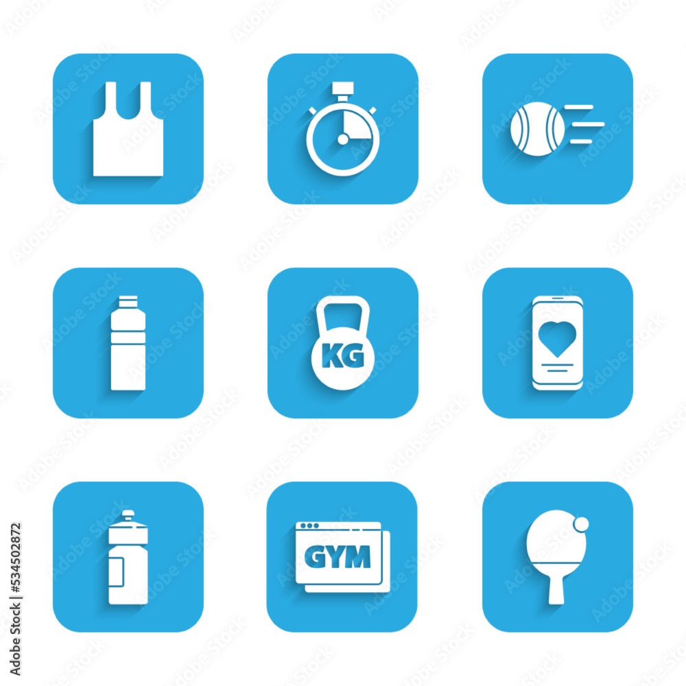 Set Kettlebell, Online fitness and training, Racket ball, Mobile with heart rate, Fitness shaker, Tennis and Sleeveless T-shirt icon. Vector Set Kettlebell, Online fitness and training, Racket ball, Mobile with heart rate, Fitness shaker, Tennis and Sleeveless T-shirt icon. Vector