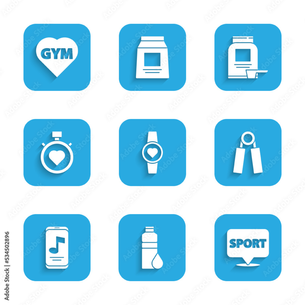 Set Smartwatch, Fitness shaker, Location gym, Sport expander, Music player, Heart in the center stopwatch, Sports nutrition and heart icon. Vector Set Smartwatch, Fitness shaker, Location gym, Sport expander, Music player, Heart in the center stopwatch, Sports nutrition and heart icon. Vector
