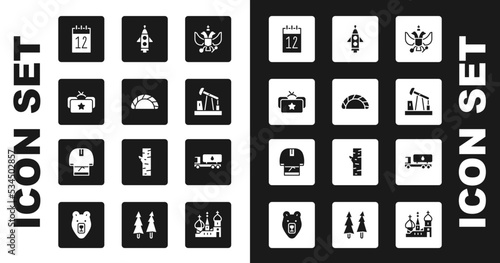 Set National emblem of Russia, Dumpling, Ushanka, Calendar 12 june, Oil pump or pump jack, Rocket ship, Tanker truck and Kosovorotka icon. Vector