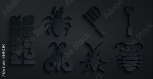 Set Cockroach, Fly swatter, Butterfly, Larva insect, net and Beetle deer icon. Vector