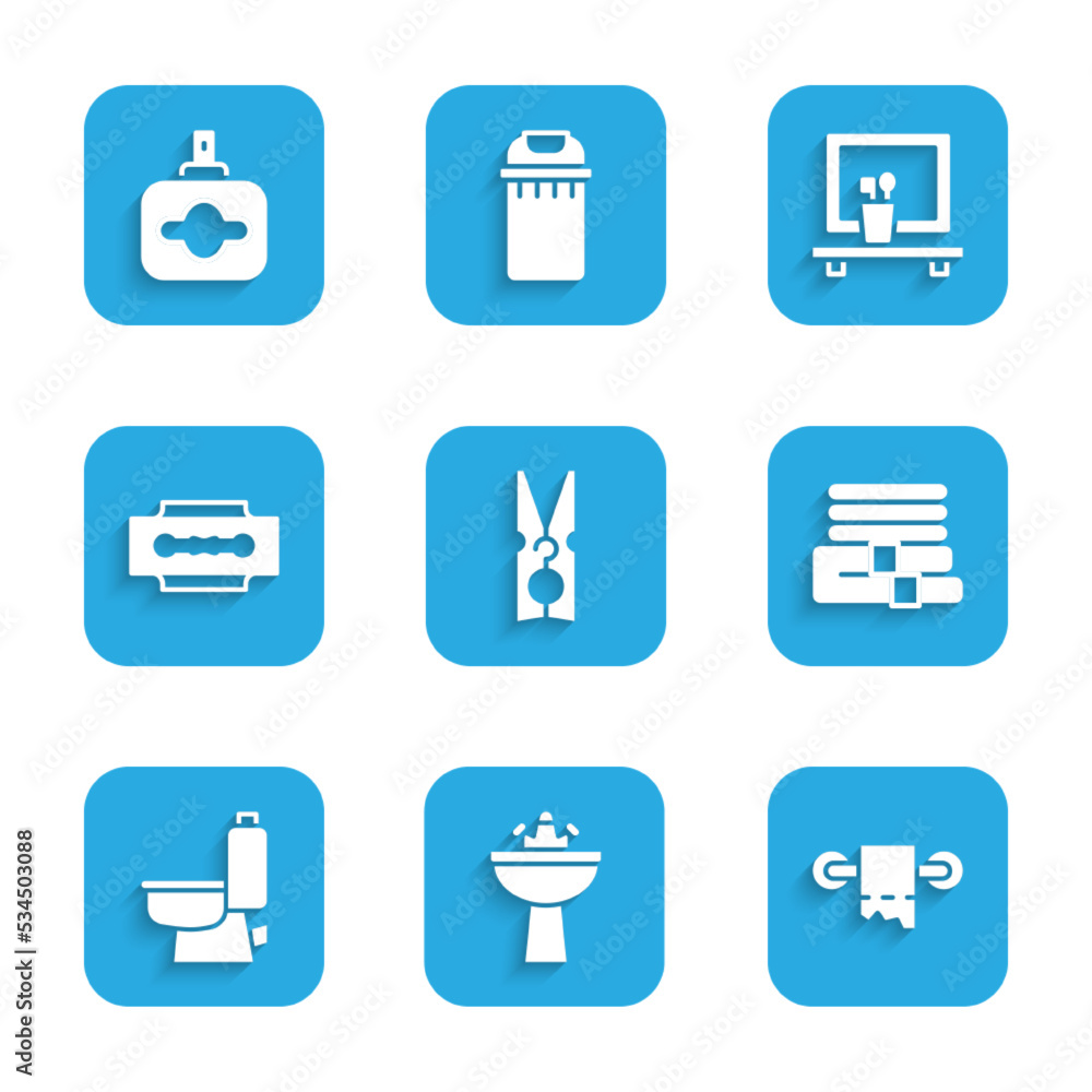 Set Clothes pin, Washbasin with water tap, Toilet paper roll, Towel stack, bowl, Blade razor, mirror and Perfume icon. Vector Set Clothes pin, Washbasin with water tap, Toilet paper roll, Towel stack, bowl, Blade razor, mirror and Perfume icon. Vector