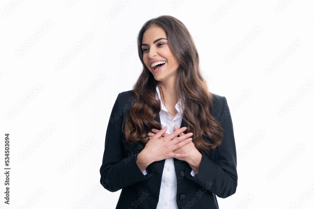 Happy smiling amazed business woman portrait. Attractive young pretty cheerful girl in casual suit feeling happy and carefree, isolated white background. Female employee young secretary. Happy smiling amazed business woman portrait. Attractive young pretty cheerful girl in casual suit feeling happy and carefree, isolated white background. Female employee young secretary.