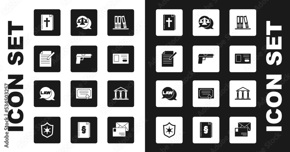 Set Office folders, Pistol or gun, Document and pen, Holy bible book, Identification badge, Scales of justice, Courthouse building and Law icon. Vector Set Office folders, Pistol or gun, Document and pen, Holy bible book, Identification badge, Scales of justice, Courthouse building and Law icon. Vector