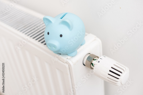 Piggy bank on heating radiator against light background. Space for text.