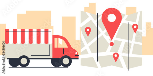 Company courier hold box with products, food, electronics. Order online delivery for commercial and private interests. Vector illustration in cartoon style
