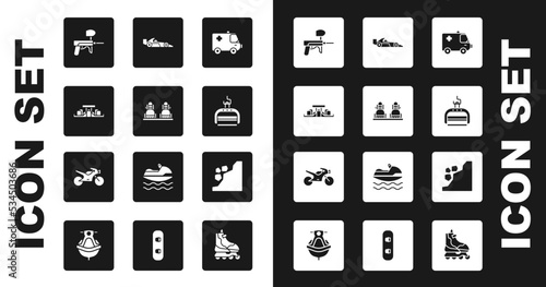 Set Ambulance and emergency car, Snowboard, Formula 1 racing, Paintball gun, Ski lift, Landslide and Motorcycle icon. Vector