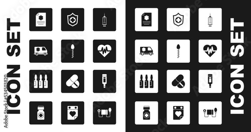 Set Syringe, Sperm, Emergency car, Clinical record, Heart rate, Life insurance hand, Digital thermometer and Medical vial, ampoule icon. Vector