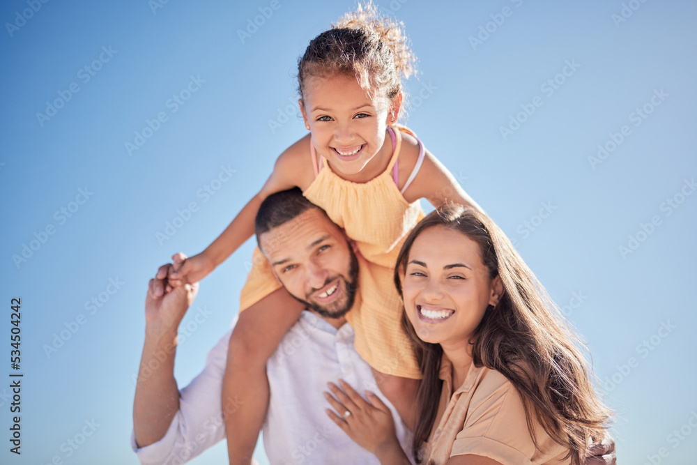 Happy, love and freedom with family against the blue sky together for relax, support and care. Smile, summer and girl on father shoulders with mother in the outdoor for lifestyle, youth and nature Happy, love and freedom with family against the blue sky together for relax, support and care. Smile, summer and girl on father shoulders with mother in the outdoor for lifestyle, youth and nature