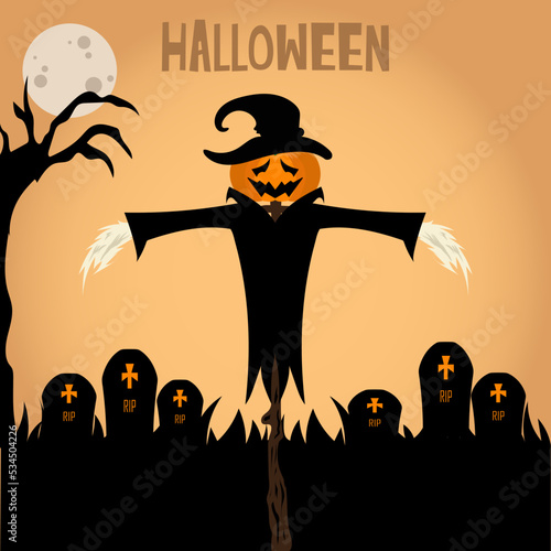Halloween post with scare crow and graves silhouette 