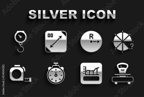 Set Stopwatch, Circle of pieces, Scales, Graph, schedule, chart, diagram, Roulette construction, Radius, Hand scale spring mechanical and Diagonal measuring icon. Vector