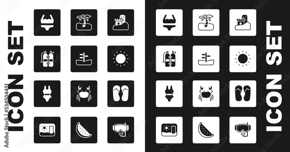 Set Sand castle, Road traffic sign, Aqualung, Swimsuit, Sun, Tropical palm tree, Flip flops and icon. Vector Set Sand castle, Road traffic sign, Aqualung, Swimsuit, Sun, Tropical palm tree, Flip flops and icon. Vector