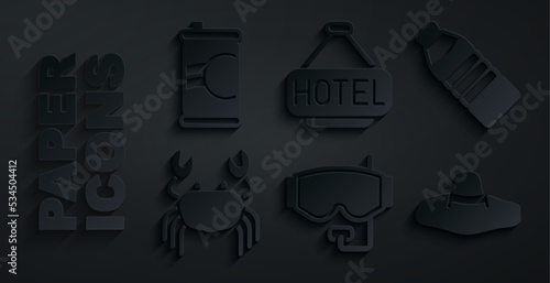 Set Diving mask, Bottle of water, Crab, Elegant women hat, Signboard with text Hotel and Soda can icon. Vector