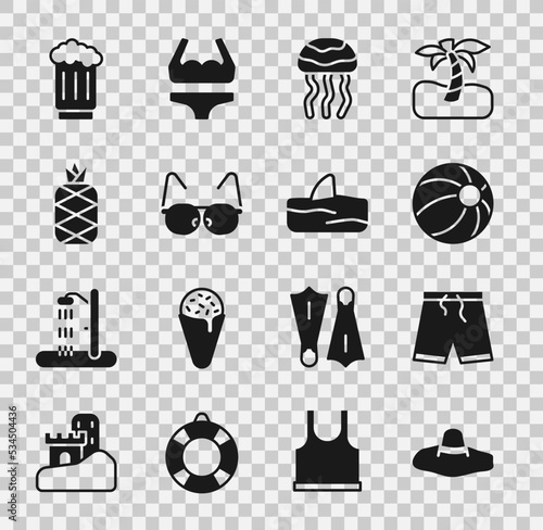 Set Elegant women hat, Swimming trunks, Beach ball, Jellyfish, Glasses, Pineapple, Wooden beer mug and Shark fin ocean wave icon. Vector