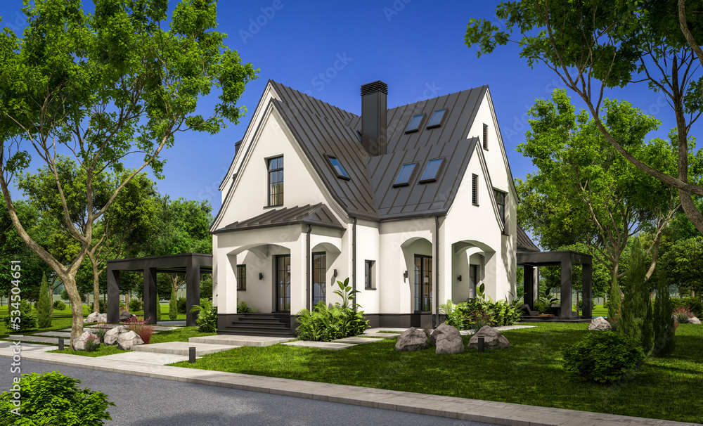 3d rendering of cute cozy white and black modern Tudor style house with parking  and pool for sale or rent with beautiful landscaping. Fairy roofs. Clear sunny summer day with blue sky.
