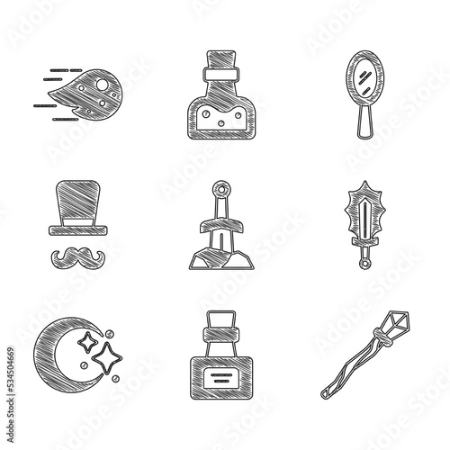 Set Sword in the stone, Bottle with potion, Magic staff, sword fire, Moon and stars, Magician, hand mirror and Fireball icon. Vector