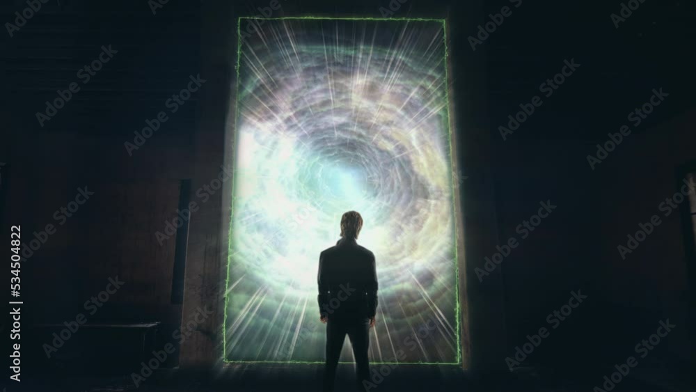Dimensional Portal Man House Interior Surreal Scene Zoom In. Man